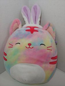 Squishmallows Easter Cat Plush With Bunny Ears pink blue yellow‎ purple tie dye